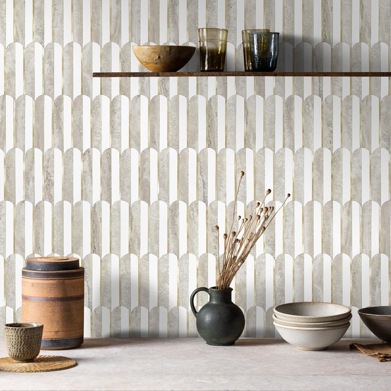 Vamos Tile Vamos Peel and Stick Backsplash Seamless Tile for Kitchen and Bathroom,White and Beige Slate PVC Mixed Light Gold Self Adhesive Fish Scale Metal Mosaic Tiles (10 Sheets) - Image 1